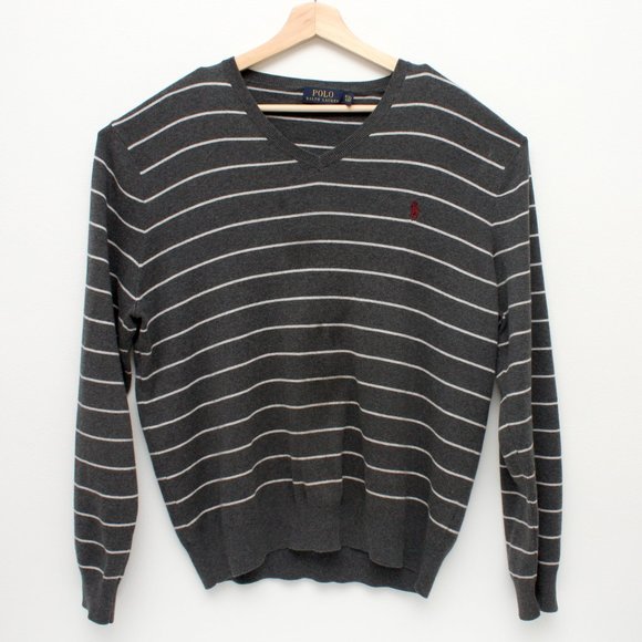 Polo Ralph Lauren Pima Cotton Striped V Neck Pullover Sweater XLTG Charcoal Gray - Picture 1 of 5